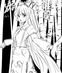 Rule 34 | 00s, bamboo, bamboo forest, bow, forest, fujiwara no mokou, greyscale, hair bow, holding hands, long hair, miyo (ranthath), monochrome, monochrome, monochrome factor, nature, pants, ribbon, solo focus, suspenders, touhou, very long hair