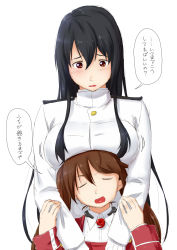 Rule 34 | 10s, 2girls, black hair, blush, breast rest, breasts, breasts on head, brown eyes, brown hair, closed eyes, commentary request, epaulettes, female admiral (kancolle), gloves, hands on another&#039;s chest, hands on another&#039;s wrists, highres, japanese clothes, kantai collection, kariginu, large breasts, long hair, magatama, military, military uniform, multiple girls, niwatazumi, open mouth, ryuujou (kancolle), sidelocks, sketch, tatebayashi sakurako, translated, twintails, uniform