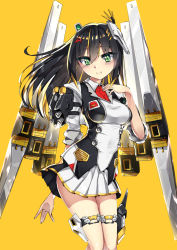 Rule 34 | 1girl, black hair, breasts, char&#039;s counterattack, commentary request, fin funnels, funnels (gundam), green eyes, gundam, hair ornament, highres, i.takashi, long sleeves, looking at viewer, mecha musume, medium breasts, miniskirt, multicolored hair, nu gundam, nu gundam double fin funnel type, sidelocks, skirt, sleeves rolled up, solo, two-tone hair