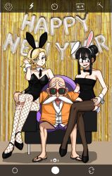 Rule 34 | 1boy, 2girls, 333minutes, adjusting hair, age difference, android 18, animal ears, armchair, arms around waist, bare shoulders, beard, black bow, black bowtie, black footwear, black hair, black leotard, black necktie, blonde hair, blood, blue eyes, blunt bangs, blurry, blurry background, blush, bow, bowtie, chair, chi-chi (dragon ball), choker, collarbone, crossed legs, cuff links, dragon ball, dragonball z, drooling, earrings, facial hair, fake animal ears, fake tail, fishnet pantyhose, fishnets, happy new year, highres, jewelry, legs, leotard, looking to the side, multiple girls, muten roushi, necktie, new year, nosebleed, old, old man, pantyhose, parted lips, pervert, photo background, playboy bunny, rabbit ears, rabbit tail, red-framed eyewear, saliva, sandals, sitting, smile, strapless, strapless leotard, tail, teeth, thighhighs, thighs, upper teeth only, viewfinder, wrist cuffs
