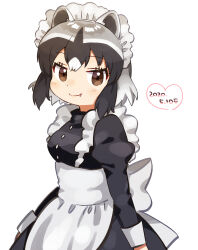 Rule 34 | 1girl, alternate costume, animal ears, apron, back bow, black dress, bow, brown eyes, common raccoon (kemono friends), cowboy shot, dress, enmaided, fang, grey hair, highres, kemono friends, maid, maid apron, maid day, maid headdress, multicolored hair, puffy sleeves, raccoon ears, raccoon girl, short hair, smile, solo, suicchonsuisui, white apron, white bow, white hair