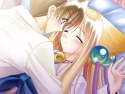 Rule 34 | 1boy, 1girl, animal ears, bed, bell, blonde hair, blush, brown eyes, brown hair, closed eyes, clover, fox ears, game cg, ginta (tail tale), glasses, hair bobbles, hair ornament, imminent kiss, jingle bell, long hair, louis&amp;visee, lying, on back, soro (tail tale), tail tale
