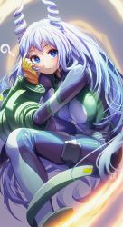 Rule 34 | 1girl, ?, absurdres, bad id, bad pixiv id, blue eyes, blue hair, bodysuit, boku no hero academia, breasts, closed mouth, commentary request, drill hair, gibagiba, gloves, green bodysuit, hadou nejire, hair horns, highres, large breasts, light blue hair, long hair, long sleeves, looking at viewer, smile, solo, twin drills, very long hair, yellow gloves