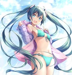 Rule 34 | 1girl, :d, ahoge, alternate costume, aqua bikini, bare shoulders, bikini, blue bikini, blue eyes, blue hair, blue sky, blush, breasts, commentary request, cowboy shot, day, from below, hair ornament, hatsune miku, highres, hood, hood down, hoodie, index finger raised, long hair, long sleeves, looking at viewer, looking down, matsuuni, md5 mismatch, medium breasts, navel, off shoulder, open clothes, open hoodie, open mouth, outdoors, resolution mismatch, sky, smile, solo, source larger, swimsuit, thighs, twintails, undressing, unzipped, very long hair, vocaloid