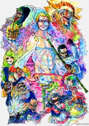 Rule 34 | 4girls, 6+boys, apron, baby 5, bald, bamboo, beard, black hair, blonde hair, breasts, brothers, buffalo (one piece), cape, coat, cosplay, crown, dellinger (one piece), diamante, donquixote doflamingo, donquixote rocinante, earrings, facial hair, feather coat, giolla, gladius (one piece), goggles, green hair, horns, jewelry, kigurumi, lao g, large breasts, long hair, looking at viewer, machvise, maid apron, mawari28, monet (one piece), multicolored background, multicolored hair, multiple boys, multiple girls, muscular, muscular male, navel, one piece, open clothes, pica, pink coat, purple hair, senor pink, shirt, short hair, siblings, smile, spiked helmet, sugar (one piece), sunglasses, traditional media, trafalgar law, trebol, vergo, white headwear, white shirt