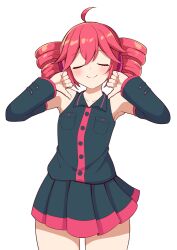 1girl ahoge black_skirt black_sleeves blush closed_eyes closed_mouth detached_sleeves drill_hair kasane_teto long_hair looking_at_viewer open_mouth red_hair shirt skirt sleeveless solo thumbs_down torinokawori twin_drills twintails utau white_background