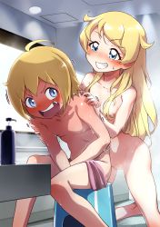Rule 34 | 10s, 1boy, 1girl, bathroom, blonde hair, blue eyes, blush, breasts, brother and sister, convenient censoring, embarrassed, grin, hair censor, hair over breasts, hands on another&#039;s shoulder, hayashi keita, highres, kiratto pri chan, kneeling, long hair, mixed-sex bathing, moegi emo, no pussy, nude, parted lips, pink towel, pretty series, shared bathing, siblings, sitting, small breasts, smile, sweatdrop, teeth, towel, very long hair