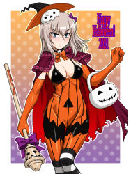 Rule 34 | 1girl, blonde hair, blue eyes, blush, bow, bowtie, breasts, cape, cleavage, closed mouth, covered navel, elbow gloves, girls und panzer, gloves, hair bow, halloween, halloween bucket, halloween costume, hat, itsumi erika, latex, looking at viewer, medium breasts, oosaka kanagawa, orange bow, orange bowtie, orange gloves, polka dot, polka dot background, simple background, solo, standing, witch, witch hat