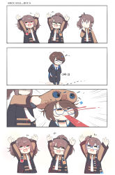Rule 34 | 4girls, 4koma, ags-30 (girls&#039; frontline), ant, arms up, blood, boca, brown hair, bug, chibi, closed eyes, comic, girls&#039; frontline, glasses, hair ornament, highres, insect, military, military uniform, multiple girls, necktie, open mouth, sar-21 (girls&#039; frontline), sitting, thighhighs, uniform, unworn hair ornament
