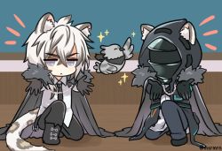 Rule 34 | 2boys, ^ ^, animal, animal ear fluff, animal ears, arknights, bad id, bad pixiv id, bird, black footwear, black gloves, black jacket, black neckwear, black pants, boots, brown gloves, cape, closed eyes, collared shirt, doctor (arknights), dress shirt, fake animal ears, fur-trimmed cape, fur trim, gloves, grey cape, grey eyes, grey hair, hair between eyes, hood, hood up, hooded jacket, jacket, leopard ears, leopard tail, long sleeves, looking at viewer, male focus, mashiro miru, multicolored hair, multiple boys, necktie, on one knee, open clothes, open jacket, outstretched arms, pants, profile, shirt, silverash (arknights), sparkle, tail, tenzin (arknights), two-tone hair, white hair, white shirt