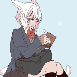 Rule 34 | 1girl, animal ears, artist name, bag, bag on lap, black skirt, black socks, blue background, blue jacket, book, bow, bowtie, brown sweater, cat ears, cat girl, cat tail, commentary request, facial mark, feet out of frame, final fantasy, final fantasy xiv, green eyes, holding, holding book, jacket, kneehighs, lili mdoki, long sleeves, medium hair, miqo&#039;te, nail polish, open mouth, pink nails, pleated skirt, red bow, red bowtie, school bag, school uniform, simple background, sitting, skirt, sleeves past wrists, slit pupils, socks, solo, sweater, tail, whisker markings, white hair, y&#039;shtola rhul