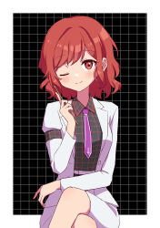 Rule 34 | 144udy, 1girl, absurdres, armband, black background, black shirt, border, closed mouth, collared shirt, commentary request, crossed legs, drumsticks, highres, holding, holding drumsticks, horikawa raiko, jacket, medium hair, necktie, open clothes, open jacket, plaid, plaid background, plaid shirt, purple necktie, red eyes, red hair, shirt, skirt, smile, solo, touhou, white border, white jacket, white skirt