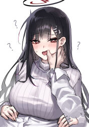 Rule 34 | 1boy, 1girl, ?, absurdres, black hair, blue archive, blush, breasts, bright pupils, hair ornament, hairpin, highres, large breasts, long hair, long sleeves, looking at viewer, open mouth, raki kr, red eyes, ribbed sweater, rio (blue archive), simple background, sweater, tongue, tongue out, turtleneck, turtleneck sweater, upper body, white background, white pupils, white sweater
