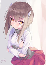 Rule 34 | 1girl, :o, absurdres, blush, brown eyes, brown hair, commentary request, hair between eyes, headgear, highres, hizaka, kantai collection, long sleeves, looking at viewer, parted lips, pleated skirt, red skirt, shirt, signature, skirt, solo, taihou (kancolle), twitter username, white shirt