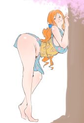 Rule 34 | 1girl, artist request, ass, bare legs, bare shoulders, bent over, blue bow, bow, breasts, feet, hair bow, highres, huge ass, large breasts, leaning forward, long hair, nami (one piece), one piece, orange hair, shiny skin, white background, wide hips