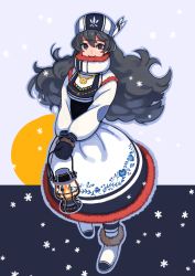 Rule 34 | 1girl, black background, black gloves, blue background, commentary request, dress, full body, fur-trimmed dress, fur trim, gloves, grey hair, high collar, highres, holding, holding lantern, jewelry, kaneni, lantern, long hair, long sleeves, looking at viewer, necklace, original, parted lips, red eyes, smile, snowflakes, snowing, solo, white dress, white headwear, winter clothes, yellow background