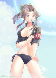 Rule 34 | 1girl, alternate costume, armband, bikini, black bikini, black jacket, blue sky, brown eyes, brown hair, cloud, commentary request, cropped jacket, front-tie bikini top, front-tie top, green ribbon, hair intakes, hair ribbon, half updo, highres, hiiro yuya, jacket, jintsuu (kancolle), kantai collection, long hair, mouth hold, ribbon, side-tie bikini bottom, sky, solo, standing, swimsuit, translation request, whistle