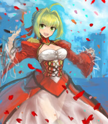 Rule 34 | 1girl, ahoge, blonde hair, blush, breasts, cleavage, cleavage cutout, clothing cutout, commentary request, confetti, cowboy shot, dress, epaulettes, fate/extra, fate (series), green eyes, hair intakes, hair ribbon, juliet sleeves, long sleeves, looking at viewer, medium breasts, mogukk, nero claudius (fate), nero claudius (fate) (all), nero claudius (fate/extra), open mouth, puffy sleeves, red dress, red ribbon, ribbon, short hair, smile, solo, two-tone dress, white dress