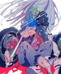 Rule 34 | 2boys, ascot, asymmetrical hair, blue eyes, blue hair, casual, felicia chen, galo thymos, green hair, head rest, indian style, jacket, leather, leather jacket, lio fotia, male focus, matoi, motor vehicle, motorcycle, multiple boys, promare, purple eyes, red jacket, shoes, sidecut, sitting, sneakers, undercut