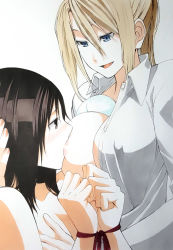 Rule 34 | 2girls, age difference, artist request, bad id, bad pixiv id, bdsm, black hair, blonde hair, blue eyes, bondage, bound, bra, breast sucking, breastfeeding, breasts, brown eyes, clothed female nude female, femdom, gamma (ogino jun), hand on another&#039;s chest, hand on another&#039;s head, highres, kitajishi yuri, large breasts, marina lednev, multiple girls, nude, ogino jun, open mouth, ponytail, restrained, small breasts, underwear, yuri