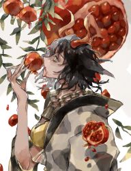 Rule 34 | 1girl, animal ears, animal print, black hair, commentary request, cow ears, cow girl, cow horns, cow print, crop top, food, fruit, grey hair, haori, highres, horns, japanese clothes, looking to the side, multicolored hair, pomegranate, red horns, simple background, sosei, split-color hair, tank top, touhou, two-tone hair, ushizaki urumi, white background, yellow tank top