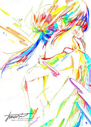 Rule 34 | 1girl, blue hair, blush, collared shirt, colorful, from behind, green eyes, green hair, hand on own cheek, hand on own face, highres, long bangs, long hair, looking to the side, low ponytail, multicolored hair, nape, original, red hair, shirt, signature, simple background, solo, traditional media, upper body, watanabe tomari, watermark, white background, white shirt