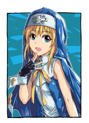 Rule 34 | 1boy, absurdres, bare arms, bare shoulders, black gloves, blonde hair, blue dress, blue eyes, bridget (guilty gear), cross, crossdressing, dress, fingerless gloves, fingers to chin, fish.boy, gloves, guilty gear, guilty gear xx, habit, hair between eyes, hand on own chin, highres, latin cross, looking at viewer, male focus, mars symbol, medium hair, multicolored clothes, multicolored dress, neck ribbon, nun, open mouth, outline, ribbon, sleeveless, sleeveless dress, smile, solo, trap, upper body, white dress, white outline, wrist cuffs, yellow ribbon