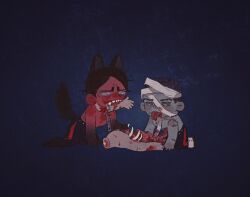 Rule 34 | 2boys, all fours, animal ears, animal feet, animal hands, bandaged head, bandages, black fur, black hair, black pants, black sclera, blood, blood on chest, blood on face, bloody bandages, blue background, cannibalism, chengongzi123, chibi, claws, colored sclera, colored skin, commentary, corpse, eating, english commentary, fangs, full body, golden kamuy, gradient background, green eyes, green skin, halloween, highres, intestines, koito otonoshin, male focus, monster boy, monsterification, mouth hold, multiple boys, mummy, pants, purple eyes, ribs, severed limb, short hair, simple background, stitched arm, stitches, tail, tongue, tongue out, topless male, tsukishima hajime, very short hair, wolf boy, wolf ears, wolf tail