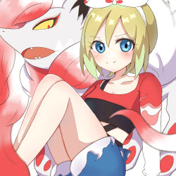 Rule 34 | 1girl, 3656 chan, blonde hair, blue eyes, blue shorts, blush, bow hairband, closed mouth, collarbone, commentary request, creatures (company), cropped shirt, eyelashes, game freak, hairband, highres, hisuian zoroark, irida (pokemon), irida (special costume) (pokemon), legs, looking at viewer, nintendo, official alternate costume, pokemon, pokemon (creature), pokemon masters ex, shirt, short hair, shorts, smile, split mouth, white hairband