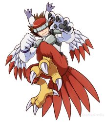 Rule 34 | 1boy, animal ears, artist name, belt, bird legs, bird tail, black belt, bodysuit, brown hair, cat ears, chest guard, claws, clenched hand, closed mouth, commentary, covered eyes, digimon, digimon (creature), fangs, fangs out, feathered wings, full body, head-mounted display, highres, isso (thatsquirrelly), male focus, medium hair, oversized limbs, pawpads, shoulder pads, silphymon, simple background, solo, tail, talons, white background, white bodysuit, winged arms, wings