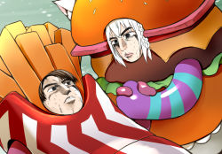 Rule 34 | 1boy, 1girl, animal ears, braid, brown eyes, brown hair, burger costume, commentary request, fall guys, fox ears, fox girl, french fry costume, hair between eyes, holding hands, hololive, looking at another, lying, makishima rin, on back, shirakami fubuki, single braid, sweatdrop, virtual youtuber, white hair