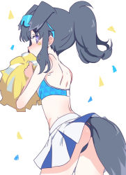 Rule 34 | 1girl, animal ears, ass, black hair, black panties, blue archive, blush, cowboy shot, crop top, dog ears, dog girl, dog tail, goggles, goggles on head, hibiki (blue archive), hibiki (cheer squad) (blue archive), itamochi, looking at viewer, millennium cheerleader outfit (blue archive), nose blush, panties, pom pom (cheerleading), ponytail, purple eyes, simple background, skirt, solo, tail, underwear, white background, white skirt