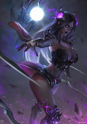 Rule 34 | 1girl, armor, blade, blank eyes, breasts, cleavage, dark persona, fingernails, gradient hair, hair ornament, irelia, large breasts, league of legends, lipstick, long fingernails, long hair, makeup, midriff, multicolored hair, nail polish, navel, purple hair, shoulder spikes, signature, solo, spikes, watermark, weapon, white hair, xiaoguimist