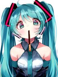 Rule 34 | 1girl, ahoge, aqua eyes, aqua hair, aqua nails, aqua necktie, bare shoulders, black sleeves, blush, breasts, collared shirt, commentary, detached sleeves, eye contact, food, food in mouth, glowing, hatsune miku, highres, incoming pocky kiss, koyubisennti, looking at another, looking at viewer, medium breasts, mouth hold, necktie, pocky, pocky day, pocky in mouth, power symbol-shaped pupils, shirt, symbol-shaped pupils, upper body, vocaloid, white background