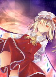 Rule 34 | 1girl, arms behind back, ascot, bad id, bad pixiv id, blonde hair, clothes lift, dutch angle, female focus, flandre scarlet, from below, hat, light smile, orange eyes, raicy, reeby, side ponytail, skirt, skirt lift, solo, touhou, twilight, wings