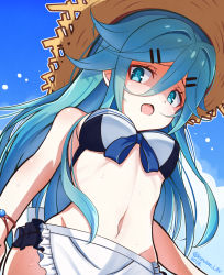 Rule 34 | 1girl, bikini, breasts, from below, green eyes, green hair, hair ornament, hairclip, hat, highres, kantai collection, kuroten, long hair, medium breasts, navel, open mouth, shaded face, solo, sun hat, swimsuit, yamakaze (kancolle)