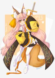 Rule 34 | 1girl, animal ear fluff, animal ears, blush, bow, fate/grand order, fate/samurai remnant, fate (series), fox ears, fox girl, fox tail, highres, japanese clothes, kaito asakura, kimono, long hair, looking at viewer, pantyhose, pink hair, short eyebrows, short kimono, simple background, sleeves past fingers, sleeves past wrists, smile, solo, tail, tamamo (fate), tamamo aria (fate), translated, very long sleeves, wall-eyed, white background, white bow, white pantyhose, wide sleeves, yellow eyes, yellow kimono