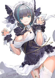Rule 34 | 1girl, animal ears, artist name, azur lane, black dress, blue eyes, blue hair, blush, breasts, cheshire (azur lane), cleavage, closed mouth, commentary request, detached sleeves, dress, fake animal ears, fingernails, frills, garter straps, grey hair, hair ornament, hands up, highres, large breasts, lips, looking at viewer, medium breasts, multicolored hair, nail polish, ninnin (shishitou), puffy detached sleeves, puffy short sleeves, puffy sleeves, short dress, short hair, short sleeves, signature, simple background, smile, solo, streaked hair, thighhighs, thighs, two-tone hair, white background, white thighhighs, wrist cuffs