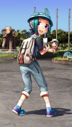 Rule 34 | 10s, 1girl, :d, backpack, badge, bag, black shirt, blouse, blue eyes, blue sky, blue vest, blunt bangs, cellphone, character doll, commentary request, day, elephant, full body, green hair, grey pants, hand puppet, hat, heterochromia, highres, kaban (kemono friends), kemono friends, kemono friends 2, kyururu (kemono friends), legs apart, looking at viewer, looking back, male focus, multicolored hair, open mouth, outdoors, pants, park, phone, puppet, shirt, shoes, short hair, short ponytail, short sleeves, signature, sky, smile, socks, solo, tree, two-tone hair, vest, welt (kinsei koutenkyoku)