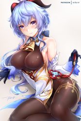 Rule 34 | 1girl, ahoge, armpit crease, bare shoulders, bell, black gloves, blue hair, bodystocking, breasts, cleavage, covered erect nipples, cowbell, detached collar, detached sleeves, ganyu (genshin impact), genshin impact, gloves, goat horns, gold trim, holding, horns, impossible clothes, large breasts, long hair, long sleeves, looking at viewer, low ponytail, purple eyes, rei kun, simple background, sitting, smile, solo