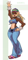 Rule 34 | 1girl, artist name, beanie, blonde hair, breasts, cleavage, curvy, donkey kong (series), earrings, fangs, furry, furry female, hand up, hat, highres, hoop earrings, hourglass, jewelry, large breasts, long hair, miskaris, monkey girl, nail polish, navel, nintendo, one eye closed, open mouth, pants, sandals, smile, sweatpants, tank top, thong, tiny kong, toes, twintails, very long hair, wide hips, wink