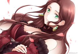 Rule 34 | 1girl, breasts, brown hair, cleavage, closed mouth, dorothea arnault, earrings, fire emblem, fire emblem: three houses, green eyes, jewelry, long hair, long sleeves, nintendo, petals, shirokuroma 29, simple background, solo, twitter username, upper body, wavy hair, white background