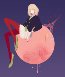 Rule 34 | 1girl, black shirt, blonde hair, buttons, eiffel tower, flats, full body, green footwear, green necktie, hair over one eye, long legs, long sleeves, looking at viewer, medium hair, melting, mokaffe, moon, nail polish, necktie, original, pantyhose, purple background, red nails, red pantyhose, shirt, shoes, simple background, sitting, skirt, solo, sparkle, star (symbol), watch, wristwatch