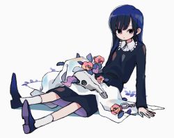 Rule 34 | 1girl, animal skull, black dress, blue dress, blue footwear, blue hair, closed mouth, collared shirt, dress, flower, full body, ka (marukogedago), leaning back, long hair, long sleeves, looking at viewer, original, pink eyes, purple footwear, red flower, red rose, rose, shirt, shoes, simple background, sitting, socks, solo, two-sided dress, two-sided fabric, white background, white shirt, white socks, wing collar