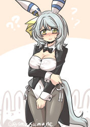 Rule 34 | . ., 1girl, :x, ?, absurdres, animal, animal ears, arm under breasts, black bow, black bowtie, black jacket, blush, bow, bowtie, breasts, brown background, brown eyes, cleavage, collar, covered navel, detached collar, feet out of frame, goma (gomasamune), grey hair, grey pantyhose, groin, hair between eyes, highres, hishi miracle (umamusume), horse ears, horse girl, horse tail, jacket, knees together feet apart, large breasts, leotard, leotard under clothes, looking at viewer, nose blush, pantyhose, parted lips, rabbit, solo, sweat, tail, two-tone background, umamusume, white background, white collar, white leotard, wing collar