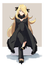 Rule 34 | 1girl, absurdres, arms behind back, black coat, blonde hair, breasts, closed mouth, coat, creatures (company), cynthia (pokemon), fur-trimmed coat, fur collar, fur trim, game freak, grey eyes, hair ornament, hair over one eye, high heels, highres, knee up, large breasts, looking at viewer, nintendo, pokemon, pokemon dppt, sitting, smile, solo, sylux