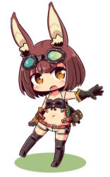Rule 34 | 1girl, animal ear fluff, animal ears, asymmetrical gloves, bag, belt, belt buckle, black footwear, black gloves, black thighhighs, boots, breasts, brown belt, brown gloves, buckle, cleavage, collarbone, commentary request, etrian odyssey, full body, gloves, goggles, goggles on head, green vest, groin, head tilt, hound (sekaiju), looking at viewer, lowleg, lowleg shorts, mismatched gloves, naga u, navel, open clothes, open mouth, open vest, rabbit ears, red hair, satchel, sekaiju no meikyuu, sekaiju no meikyuu 5, shadow, short shorts, shorts, small breasts, solo, standing, standing on one leg, thigh boots, thighhighs, v-shaped eyebrows, vest, white background, white shorts, yellow eyes
