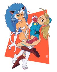Rule 34 | 2girls, adora (she-ra), animal ears, animal hands, ass, beret, blonde hair, blue hair, boots, breasts, cammy white, cammy white (cosplay), capcom, cat ears, cat girl, cat tail, catra, claws, cosplay, felicia (vampire), felicia (vampire) (cosplay), hat, highleg, highleg leotard, holding hands, leotard, looking at viewer, masters of the universe, multiple girls, navel, oca-world, ponytail, she-ra and the princesses of power, small breasts, smile, stomach, street fighter, tail, vampire (game)