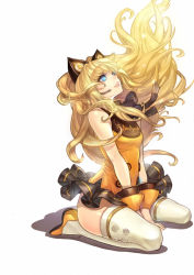 Rule 34 | 1girl, animal ears, between legs, big hair, blonde hair, blue eyes, breasts, cat ears, floating hair, frilled skirt, frills, hand between legs, lips, long hair, olivia (yh), seeu, simple background, sitting, skirt, sleeveless, small breasts, solo, thighhighs, v arms, vocaloid, wariza, white background, white thighhighs, wind, wind lift, wrist cuffs