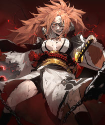 Rule 34 | 1girl, :d, absurdres, baiken, big hair, bike shorts, black socks, breasts, breasts apart, bruise, bruise on face, crazy eyes, crazy smile, dirty, dirty clothes, eyepatch, feet out of frame, gogalking, guilty gear, guilty gear xrd, highres, injury, japanese clothes, katana, kimono, large breasts, legs apart, long hair, long sleeves, looking at viewer, mace, obi, one eye covered, open mouth, orange eyes, orange hair, red background, sash, scabbard, sheath, sheathed, smile, socks, solo, spiked mace, spikes, standing, sword, tassel, torn clothes, weapon, wide sleeves